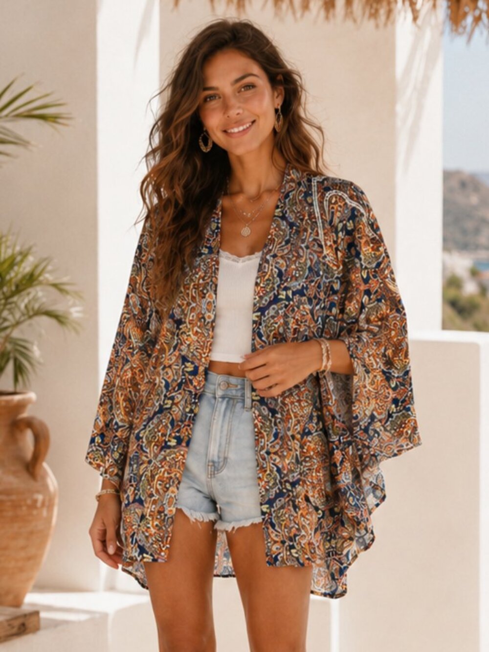 Mika Gala Paisley Kimono Cardigan Boho Cover Up Lightweight Large